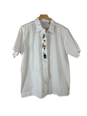 Peter Martin Vintage Cat Embroidery White Button Up Shirt Plus Size 16 Cotton